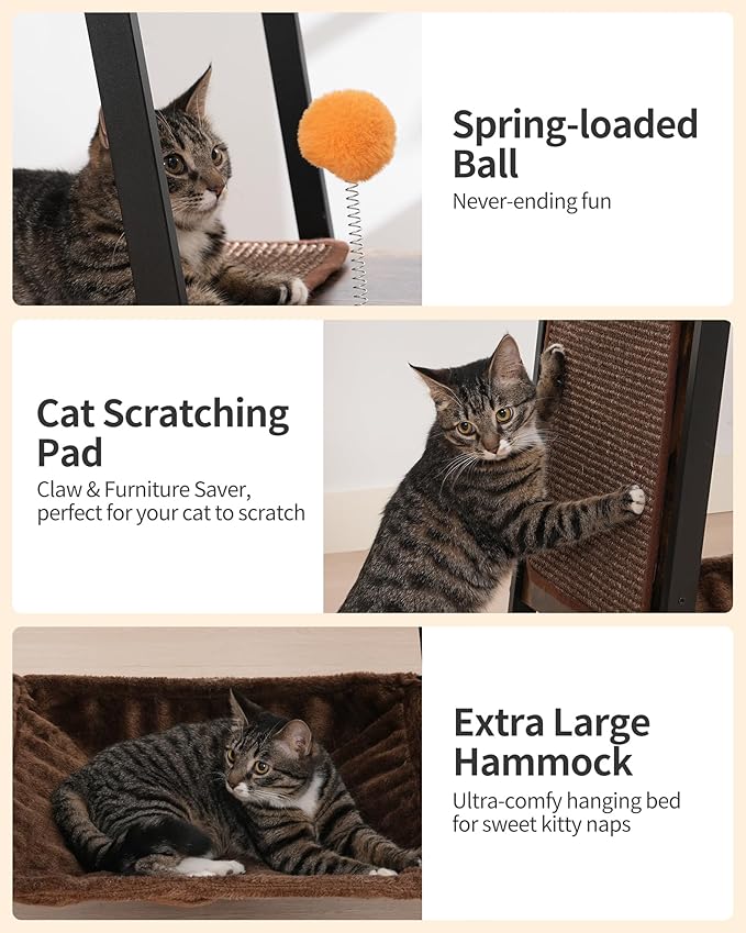 FourFurPets Modern Cat Tree, 58-Inch Cat Tower for Large Cats, Maine Coon Cat Tree with Scratching Board, Large Perch, Hammock and Removable Pads, Rustic Brown-Mewly Pet