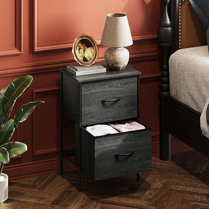 WLIVE Nightstand, Nightstand with 2 Drawers, Bedside Furniture, Night Stand, Small Dresser for Bedroom, College Dorm, End Table with Fabric Bins, Dormitory, Charcoal Black Wood Grain Print, Size L