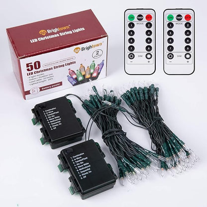 Battery Operated Christmas Lights 2 Pack 18 Feet 50 LED Clear Mini String Lights with 8 Modes Waterproof Tree Lights for Xmas Outdoor Indoor Holiday Party Garden Decor, Warm White + Multicolor