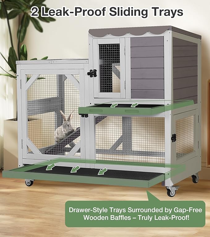 Rabbit Hutch 2-Story Wooden Bunny Cage with 2 Leak-Proof Sliding Trays, Chew-Proof Metal Mesh, Rainproof Cover, Indoor & Outdoor Guinea Pig House with Wheels - Grey-Mewly Pet