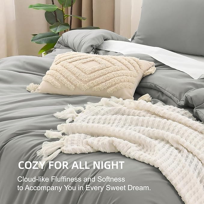 Litanika Comforters Medium Gray King Size, 3 Pieces Lightweight Solid Bedding Set & Collections, All Season Fluffy Bed Set (104x90In Comforter & 2 Pillowcases)