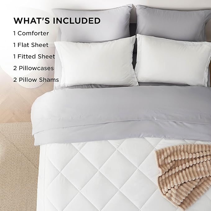 Bedsure Full Comforter Set - 7 Pieces Reversible White and Grey Bedding, Full Bed Set for All Seasons, Bed in a Bag with Down Alternative Comforter, Grey Sheets, Pillowcases & Shams