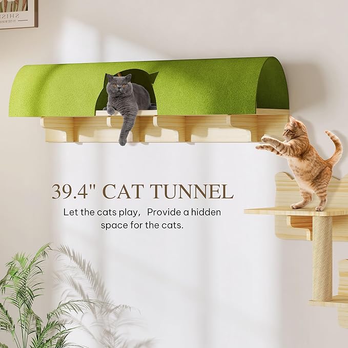 Cat Wall Shelves and Perches, Solid Wood Wall Cat Furniture, Set of 7 Feline Climbing Shelves with Bed, Steps, Scratching Post and Tunnel-Mewly Pet