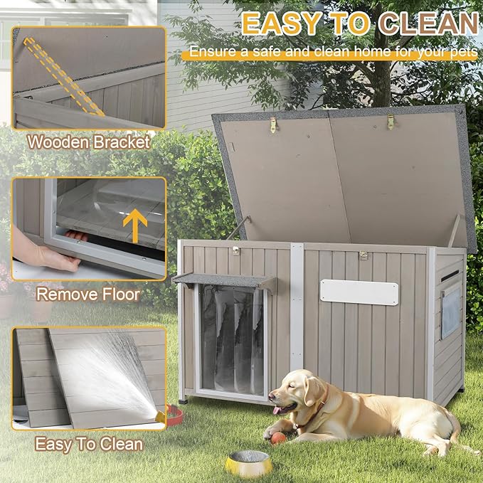 Weatherproof Outdoor Dog House, Wooden Puppy Shelter with Anti-Chewing Iron Frame and Elevated Floor, Sturdy Dog Kennel for Small, Medium & Large Dogs, Grey (Gray, 51" L x 29" W x 32" H)-Mewly Pet