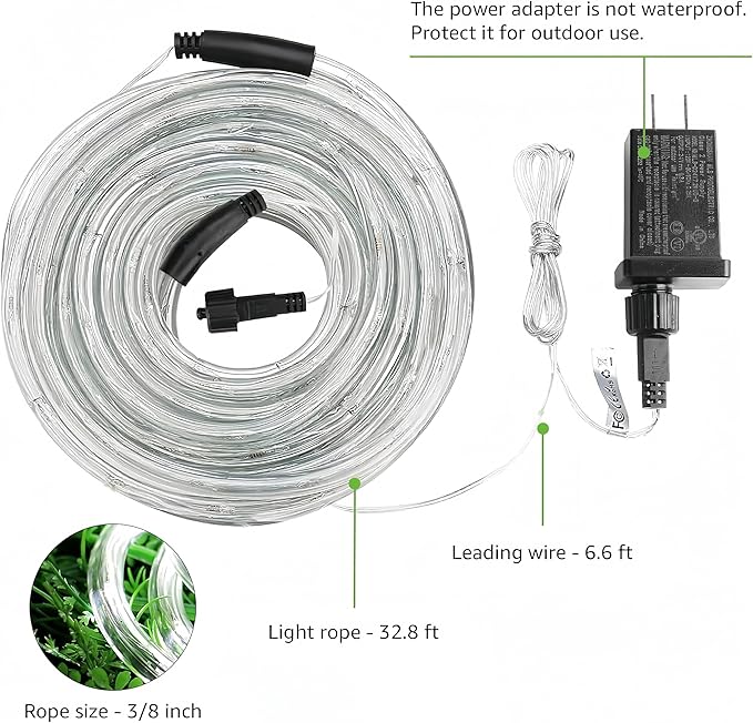 Lighting EVER 33ft 240 LED Outdoor Rope Lights Cool White 6000K, 24 V Connectable, Waterproof Clear Tube String Lights for Deck Railing, Patio Ground, Garden, Yard Lawn, Flower Bed Landscape, Camping