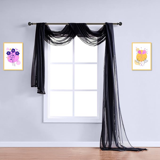 Warm Home Designs 24 Feet Long Sheer Black Window Scarf. These Extra Long Length Valance Window Scarves are 54 X 288 Inches in Size. Great as Bed Canopy or Wedding Arch Draping Fabric. AM Black 288"