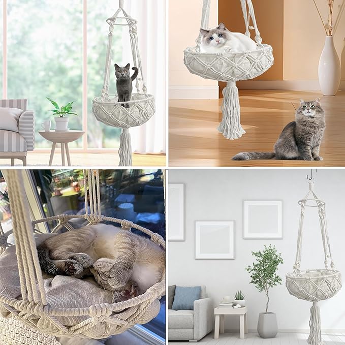 kathson Macrame Cat Hammock with Cushion,Handwoven Cats Bed,Hanging Indoor Boho Kitten Swing Beds for Playing Sleeping Climbing and Lounging(XL)-Mewly Pet