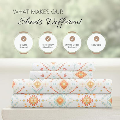 Linen Market Double-Brushed Patterned Microfiber California King Sheet Set 4 Piece – Oeko-TEX Certified Ultra Soft & Wrinkle-Free - 16" Deep Pocket Sheets Easy Care Cal-King Size - Aztec Dreams Coral