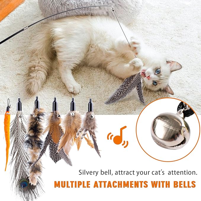 Retractable Cat Wand Toys - Interactive Feather Wand with Bell for Indoor/Outdoor Cats, 8 Pack-Mewly Pet