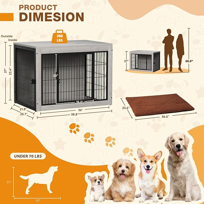 Bigrab Dog Crate Furinture with Thick Cushion, Side End Table Wooden Dog Cage with Double Doors, Chew-Resistant Dog Kennel Dog House Indoor for Small to Large Dog, L (Grey)-Mewly Pet