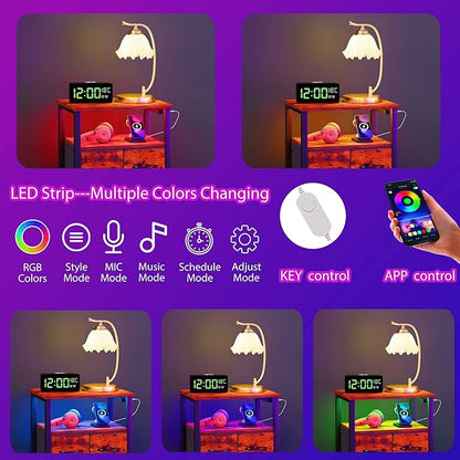 Furnulem Led Nightstand with Charging Station, Bedside Table with 3 Fabric Drawers and Storage Shelf, End Table with USB Ports and Outlets, Small Night Stand for Bedroom, Rustic Brown