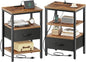 SUPERJARE Nightstand Set of 2, Bed Side Tables with Charging Station, Adjustable Fabric Drawer, Night Stand for Bedroom, 3-Tier Storage End Tables, for Living Room, Rustic Brown and Black