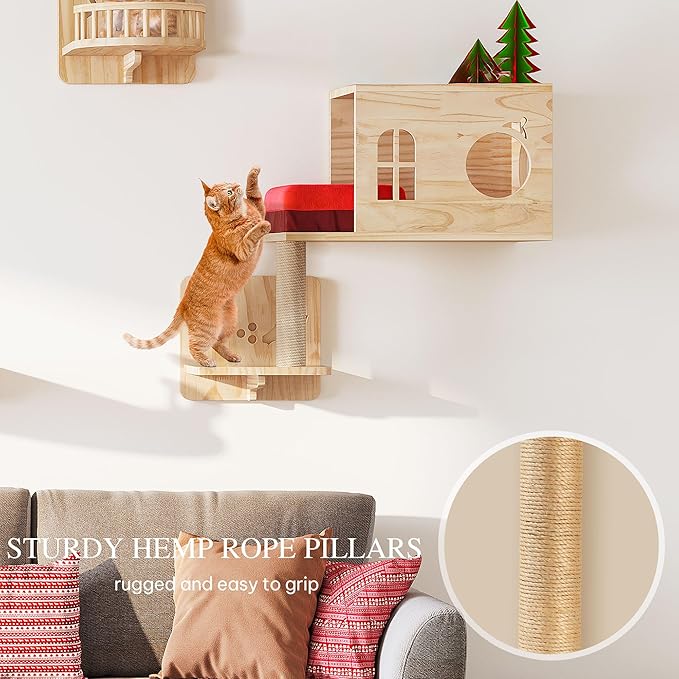 Cat Wall Shelves, Cat Wall Furniture Pine Wooden Feline Shelf, 16 Piece Shelves and Perches with Bowl, Warmer Mat, Condos, House, Steps and Cat Scratcher-Mewly Pet