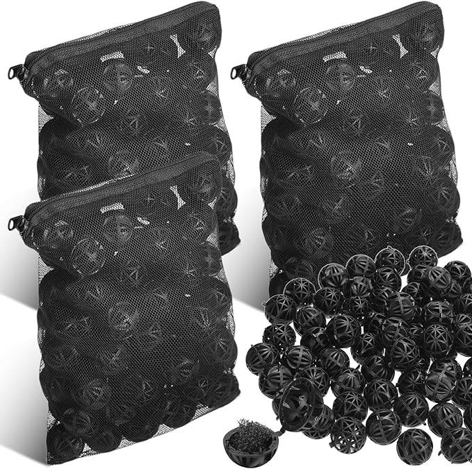 CHENGU 300 Pieces Black Bio Balls for Aquarium 1.02 Inch Internal Bioballs with 5 Pieces Aquarium Filter Media Bags with Zipper for Fish Tank Pond-Mewly Pet