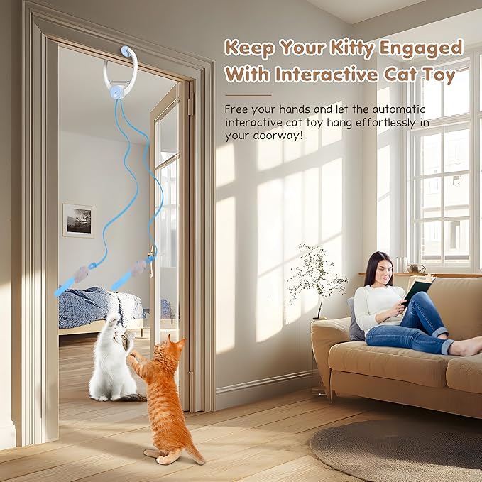 Interactive Cat Toys Rechargeable, Feather Toy for Indoor Cat, Hanging Retractable Teaser Toy, Automatic Kitten Play Chase Exercise Toys with Three Plush Mouse, USB Powered (Blue)-Mewly Pet