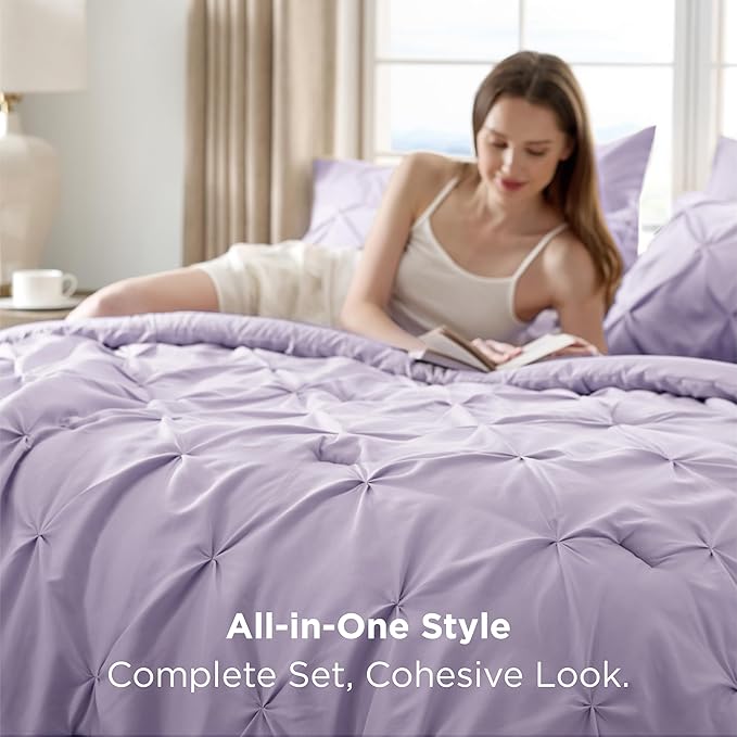 Bedsure California King Comforter Set Light Purple - Bed in a Bag Cal King Bedding Set 7 Pieces, GentleSoft™ Pintuck Bed Set Gift for Family, Pinch Pleat Comforter with Sheets, Pillowcases & Shams