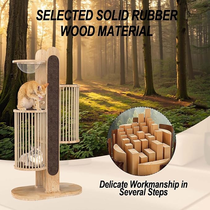 Modern Cat Tree Tower for Indoor Cats, 67" Tall Solid Wooden Cat Tower with Scratching Posts, 6 Level Natural Luxury Cat House with Big Bed, Washable Cushions Cat Furniture for Large Cats Brown-Mewly Pet