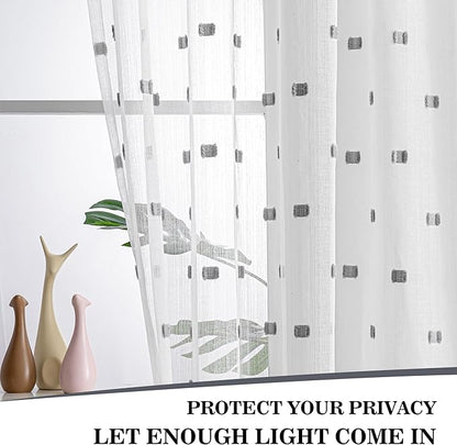 MYSKY HOME White Curtains for Bedroom 72 Inch Length Long Sheer Curtains for Kids Room Nursery Curtains with Grey Patched Design Rod Pocket Privacy Window Drapes Dining Room 52" x 72" 2 Panels