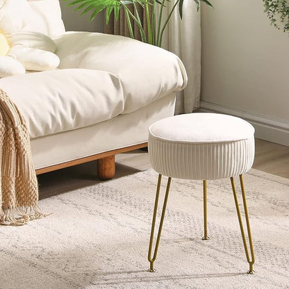IBUYKE Velvet Round Footrest Stool Ottoman, Makeup Vanity Stool Side Table, Velvet Dressing Table Seat, Pouf Couch Stool, Golden Steel Legs, Creamy-White LG-30M