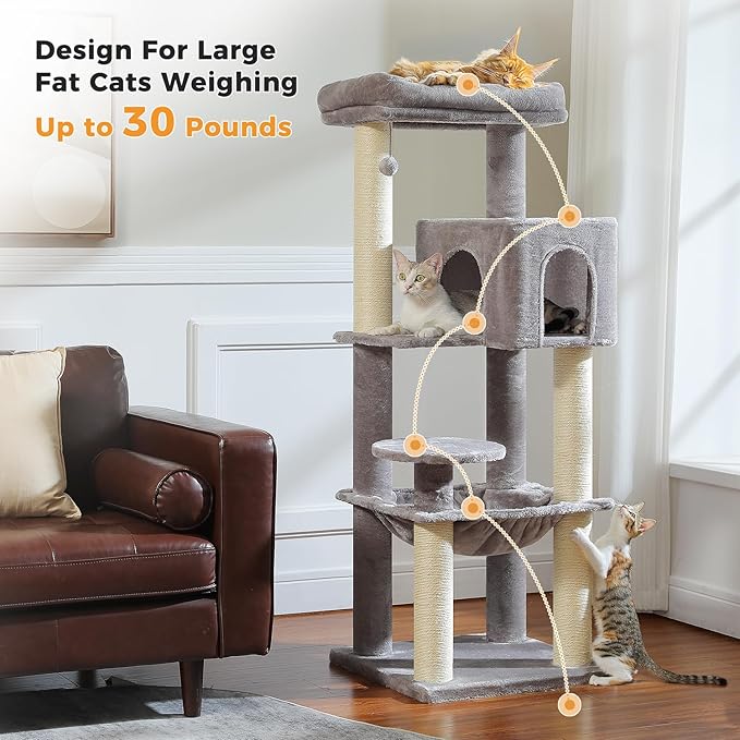 Large Cat Tree with Reinforced Scratching Posts (φ3.1in) for Big Adult Cats 30 lbs, 57.8" Heavy Duty Cat Tower with Larger Hammock and Condo, Cat Furniture for Maine Coon, Plush,Grey-Mewly Pet