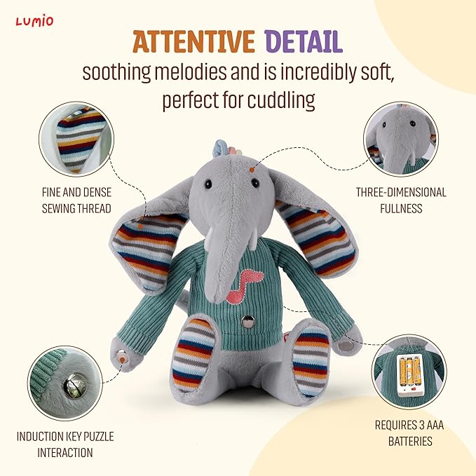 Lumio Musical Stuffed Animal Plush Toy with Lights & Sounds - Cute Interactive Toy for Newborns, and 3 6 12 to 48 Months (Elephant)-Mewly Pet