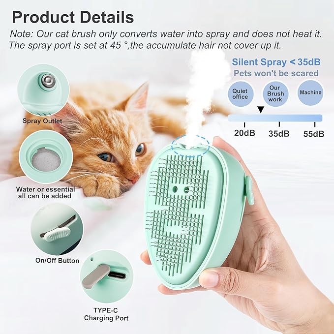 Cat Steam Brush for Shedding,Self Cleaning Cat Brush with Steam,Rechargeable Pet Steam Brush,Mist Brush Comb for Indoor Cats,Cat Hair Brush,Steamy Cat Brush for Short&Long Haired Pets.(Green)-Mewly Pet