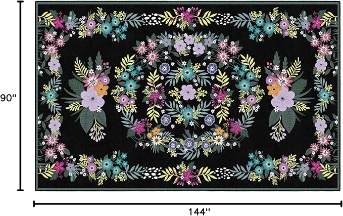 Flagship Carpets Schoolgirl Style Vintage Floral Educational Area Rug for Kids Room Seating Décor, Children's Classroom, Play Carpet for Teaching and Playroom, 7'6" x 12', Black & Multi