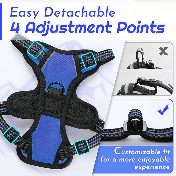 Eagloo Small Dog Harness No Pull, Service Vest with Reflective Strips and Control Handle, Adjustable and Comfortable for Easy Walking, No Choke Pet Harness with 2 Metal Rings, Blue, XS-Mewly Pet