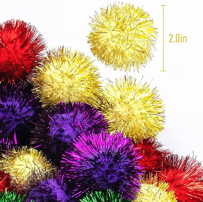 AUEAR, 24 Pack 2 Inch Extra Large Sparkle Cat Ball Glitter Tinsel Pom Pom Balls for Kittens (4 Assorsted Colors)-Mewly Pet