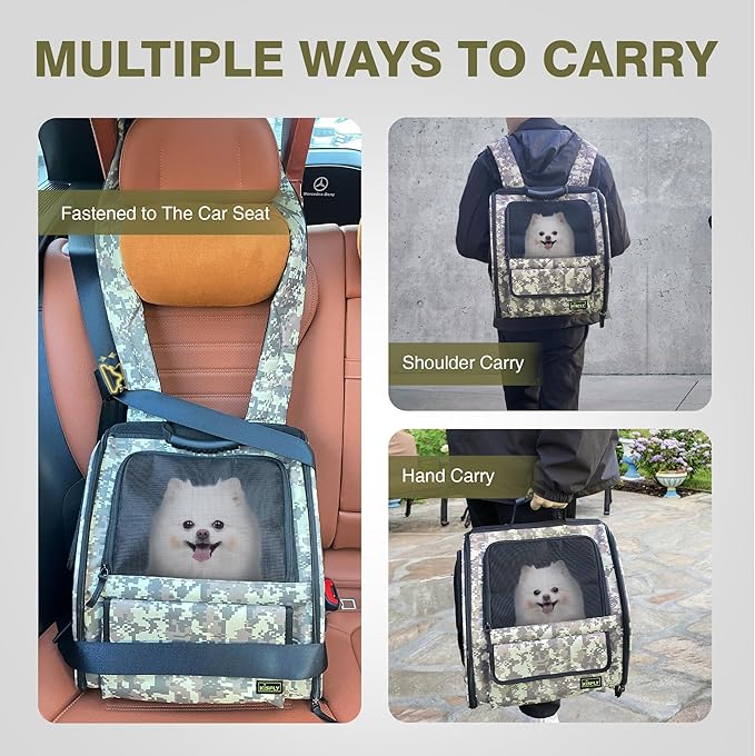 Collapsible Cat Backpack Carrier, Dog Backpack Carrier for Small Dogs Cats Up to 12 Lbs, Three-Sided Breathable Pet Backpack with Soft Padded, Designed for Outdoor and Travel Use, Camo-Mewly Pet