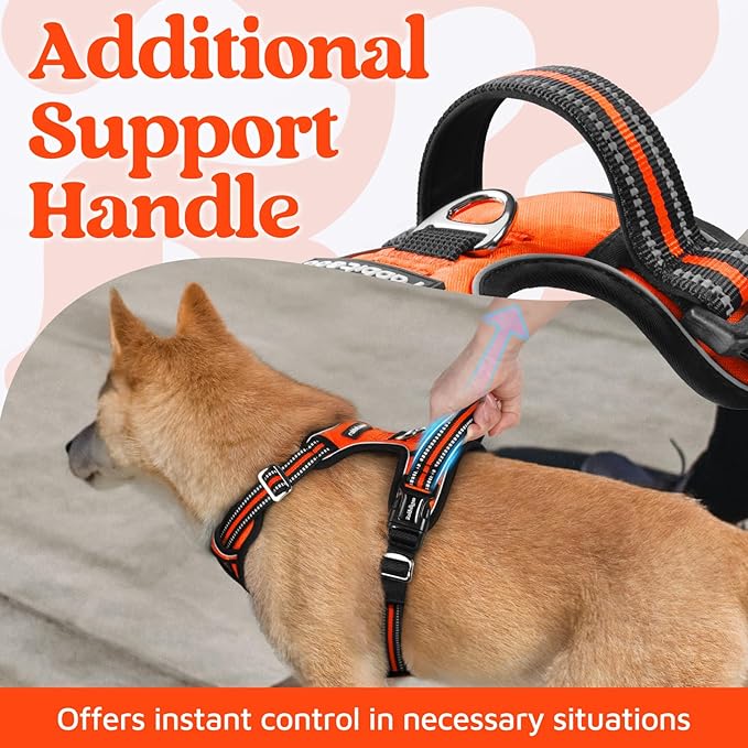 rabbitgoo Dog Harness Medium Sized, No Pull Dog Vest with 3 Buckles, Adjustable Soft Padded Pet Harness with Easy Control Handle and Reflective Strips, Orange, M-Mewly Pet