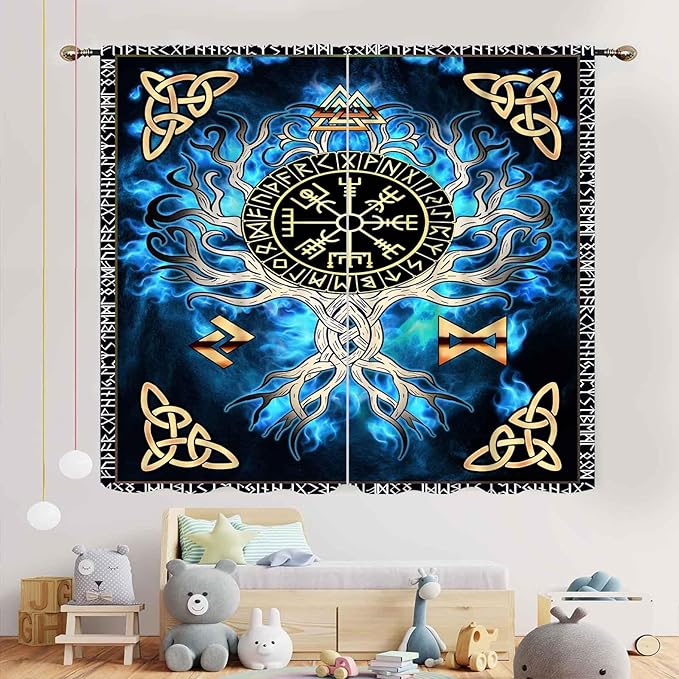 Tree of Life Curtains, Vikings Celtic Nordic Life Tree Scandinavian Aesthetic Mythology Blue Window Drapery Treatments for Bedroom Living Room Bathroom 2 Panels, 55"x63" Inch