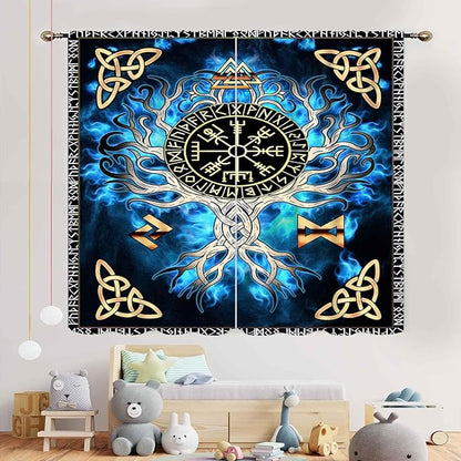 Tree of Life Curtains, Vikings Celtic Nordic Life Tree Scandinavian Aesthetic Mythology Blue Window Drapery Treatments for Bedroom Living Room Bathroom 2 Panels, 55"x63" Inch