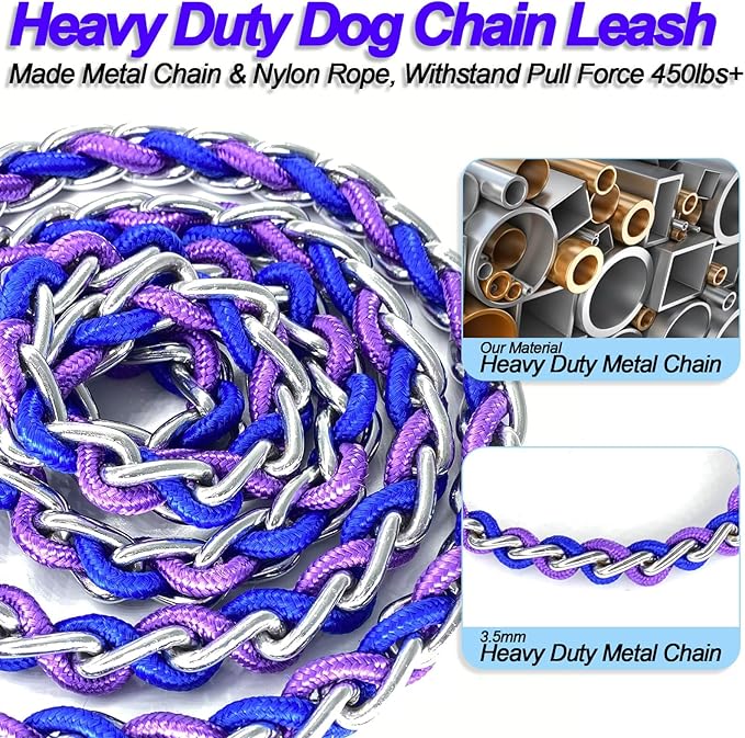 Dog Leash Rope Chain, Nylon Rope Metal Chain for Pet Leads. 6ft Heavy Duty Chew Proof Training Walking for Medium Large Dogs. (Medium, Blue&Purple)