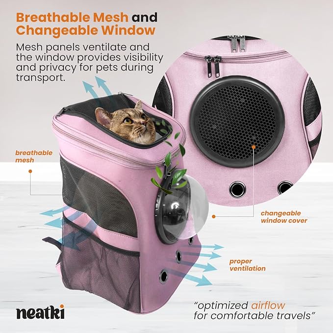 Cat Backpack Carrier, Airline Approved, Space Capsule Bubble Design, Ideal for Cats & Dogs up to 28-35 lbs, with Strong Straps, Safety Zippers, Mesh, Comfortable for Hiking & Travel (Pink)-Mewly Pet