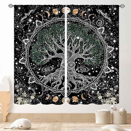 Life Tree Curtains, Hippie Sun Moon Trippy Tree of Life Bohemian Mandala Aesthetci Mystic Witchy Blackout Window Drapery Treatments for Bedroom Living Room Bathroom Decor, 84"x63" Inch