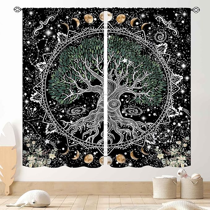 Life Tree Curtains, Hippie Sun Moon Trippy Tree of Life Bohemian Mandala Aesthetci Mystic Witchy Blackout Window Drapery Treatments for Bedroom Living Room Bathroom Decor, 63"x72" Inch