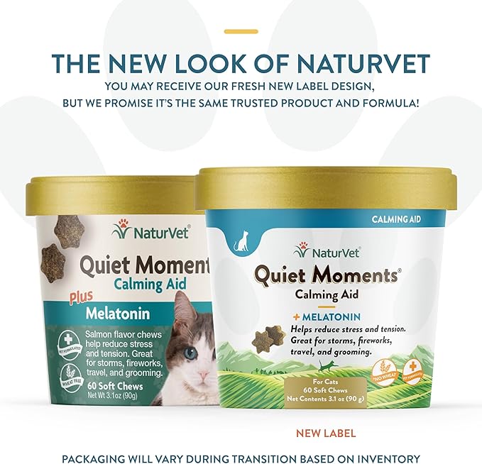 NaturVet –Quiet Moments Calming Aid for Cats Plus Melatonin – 60 Soft Chews – Helps Reduce Stress & Promote Relaxation – Great for Storms, Fireworks, Travel & Grooming-Mewly Pet
