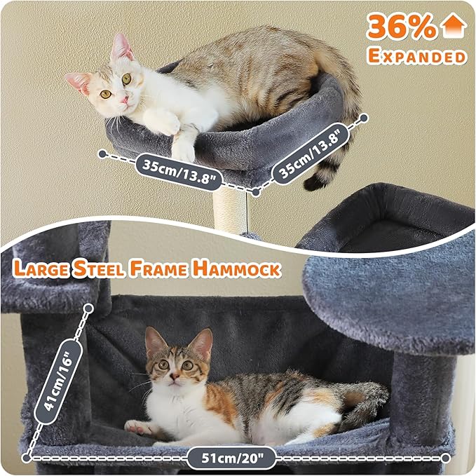 PAWZ Road Heavy Duty Cat Tree for Large Cats, 81 Inches Tall Cat Tower with 2 Perches, 2 Condos and Spacious Hammock, XL Extra Large Condo with 7 Scratching Posts for 20lb+ Adult Cats, Dark Gray-Mewly Pet