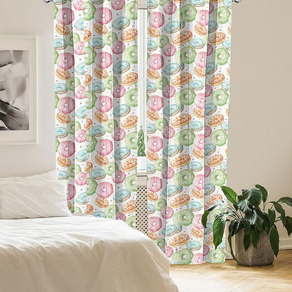 Ambesonne Watercolor Window Curtains, Delicious Donuts Pattern Various Flavors Sprinkles Stars Background, Lightweight Decor 2-Panel Set with Rod Pocket, Pair of - 28" x 63", Pale Fern