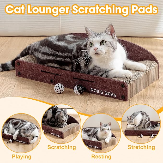 Poils Bebe 21 Inch Sofa Cat Scratcher, Small Cat Scratcher Cardboard with Bell Balls, Durable Couch Lounger for Indoor Cats, Cat Scratch Furniture Protector with Catnip, Cat Toys-Mewly Pet