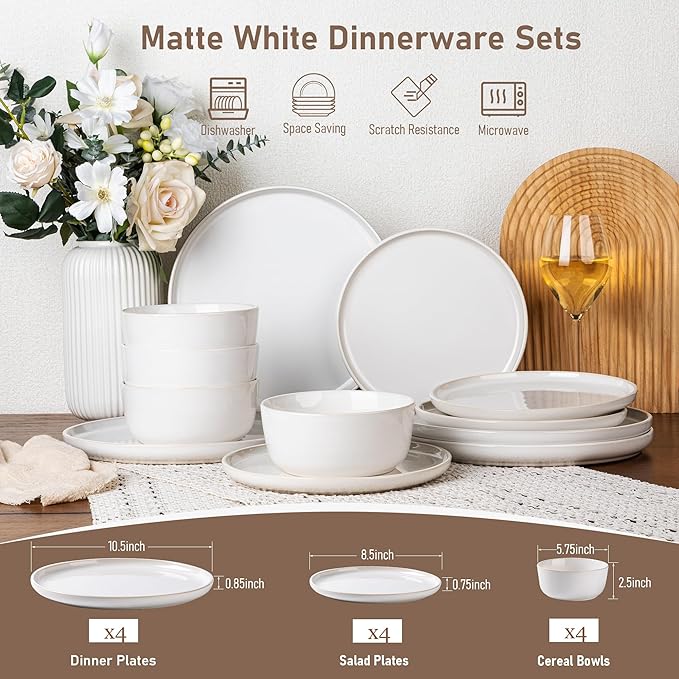GBHOME Ceramic Dinnerware Sets for 4, 12 Pieces Stoneware Plates and Bowls Sets, Reactive Glaze Dishes -Scratch Resistant, Dishwasher&Microwave Safe-Star White-Mewly Pet