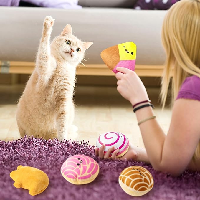 L1rabe Mexican Catnip Stuffed Toys - Hispanic Heritage Month 5Pcs Concha Cafecito Pan Dulce Funny Cat Toys for Cat Lovers Indoor Kitten Chew Bite Kick Non-Toxic Pet Supplies Kitten Birthday Presents-Mewly Pet