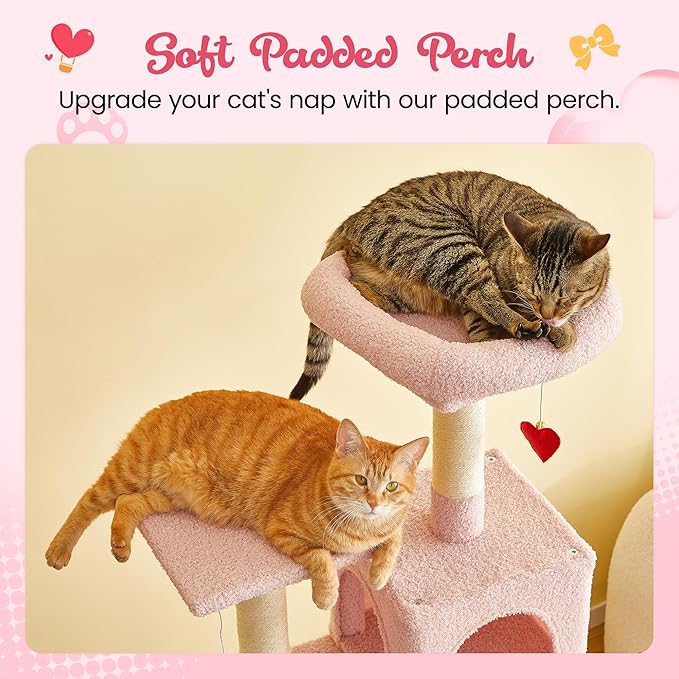 MWPO Cute Cat Tree, 63.8-Inch Pink Cat Tower for Indoor Cats, Multi-Level Cat Condo with 5 Scratching Posts, 2 Perches, Hammock, Dangling Toys-Mewly Pet