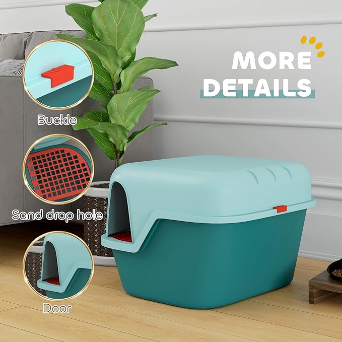 PawHut Cat Litter Box with Lid, Covered Kitty Litter Box Enclosure with Scoop, Openable & Lockable Cover, Easy to Clean, Green-Mewly Pet