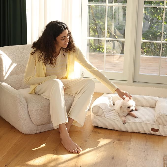 FUKUMARU Dog Couch Bed, Corduroy Cozy Cat Bed for Indoor Cats with Washable Cover, Supportive Waterproof Dog Beds Sofa for Small Dogs and Large Cats Cute, 28inch, Medium, Cream-Mewly Pet