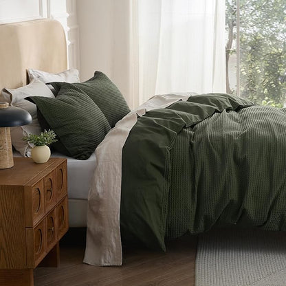 Bedsure 100% Cotton Duvet Cover Queen Size with Fitted Sheet - 4 Pieces Olive Green Waffle Weave Bedding Set, GentleSoft™ and Breathable, Includes 1 Duvet Cover 90x90, 1 Fitted Sheet, 2 Pillow Shams