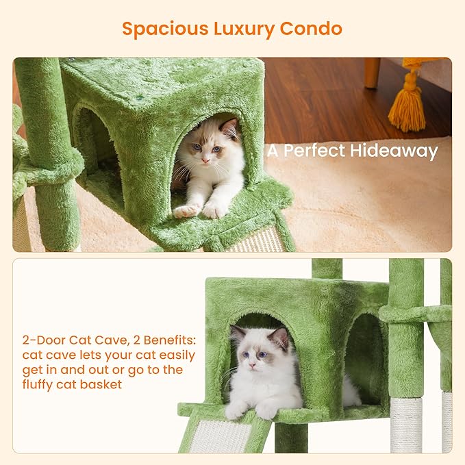 Heybly Cat Tree with Cat Self Groomer Brush, Cat Tower Condo for Indoor Cats with Padded Plush Perch, Cat House with Basket Scratching Board Post, Green HCT005SGR-Mewly Pet