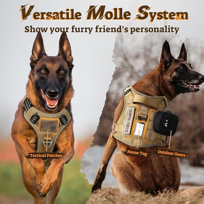 rabbitgoo Dog Harness Small Sized No Pull, Tactical Service Pet Vest with Molle and Control Handle, Adjustable and Reflective Military Harness for Easy Walking and Training, Brown, S-Mewly Pet