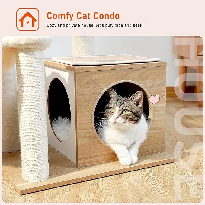 PEQULTI Cat Tree Modern Cat Tower for Indoor Cats,Multilevel Cat Play House with Large Condo, Spacious Hammock, Cozy Top Perch,Scratching Post and Dangling Balls-Mewly Pet